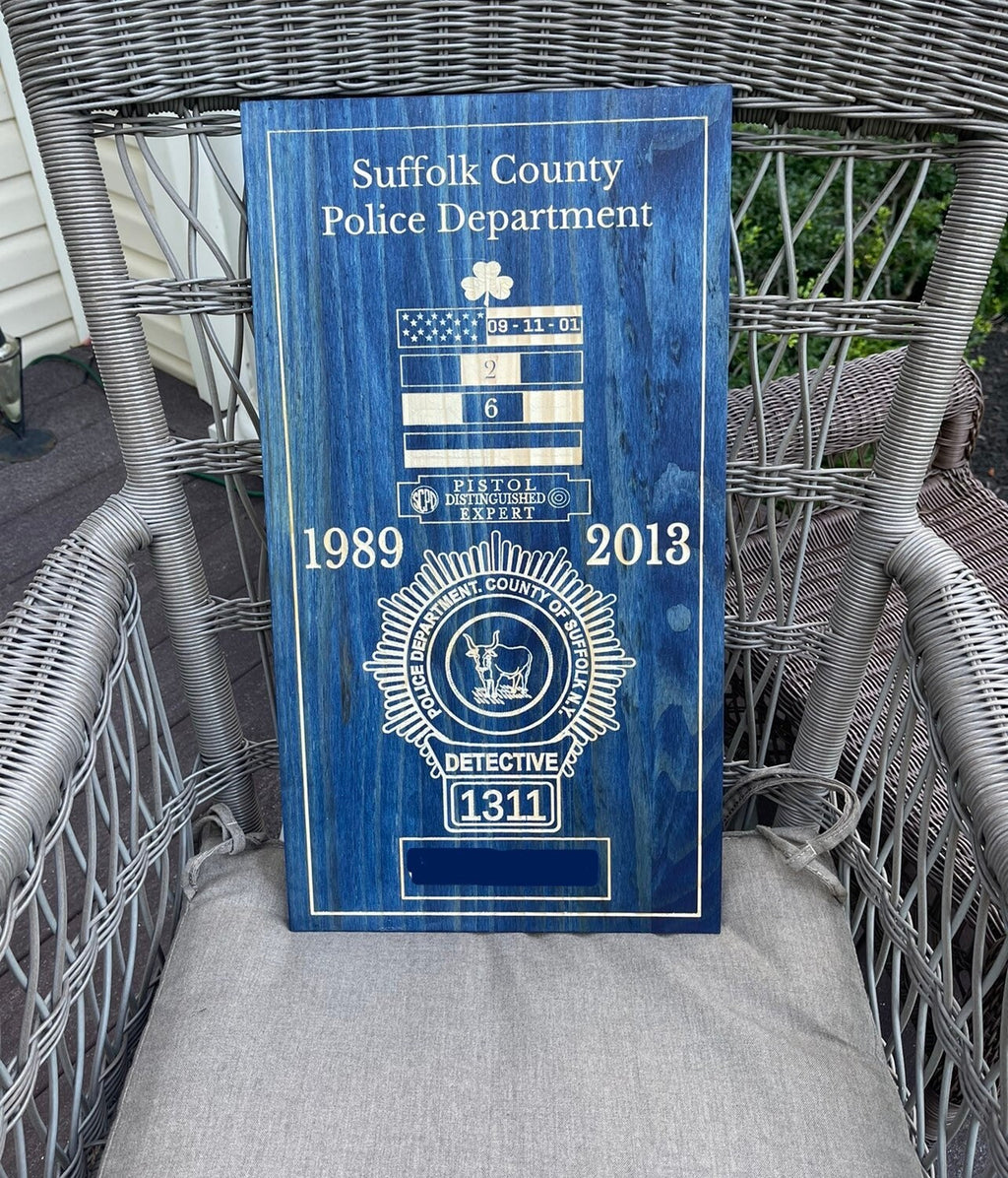 Personalized NYPD, SCPD, NCPD, Any LEO Retirement Plaque Shield Backing Medal Breast Bar Engraving