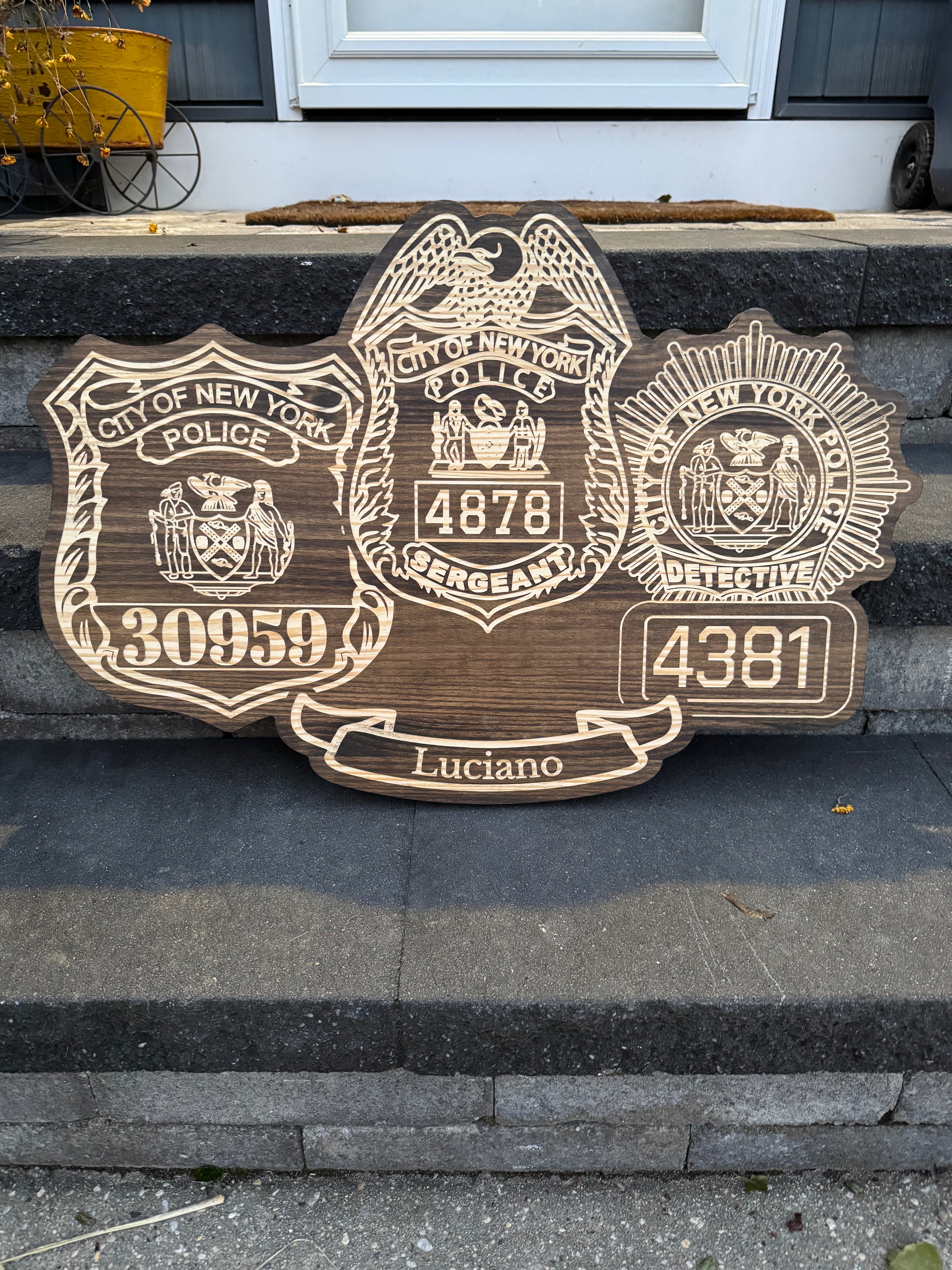 Personalized Wood Engraved Law Enforcement Badge Shield Patch Replica Plaque