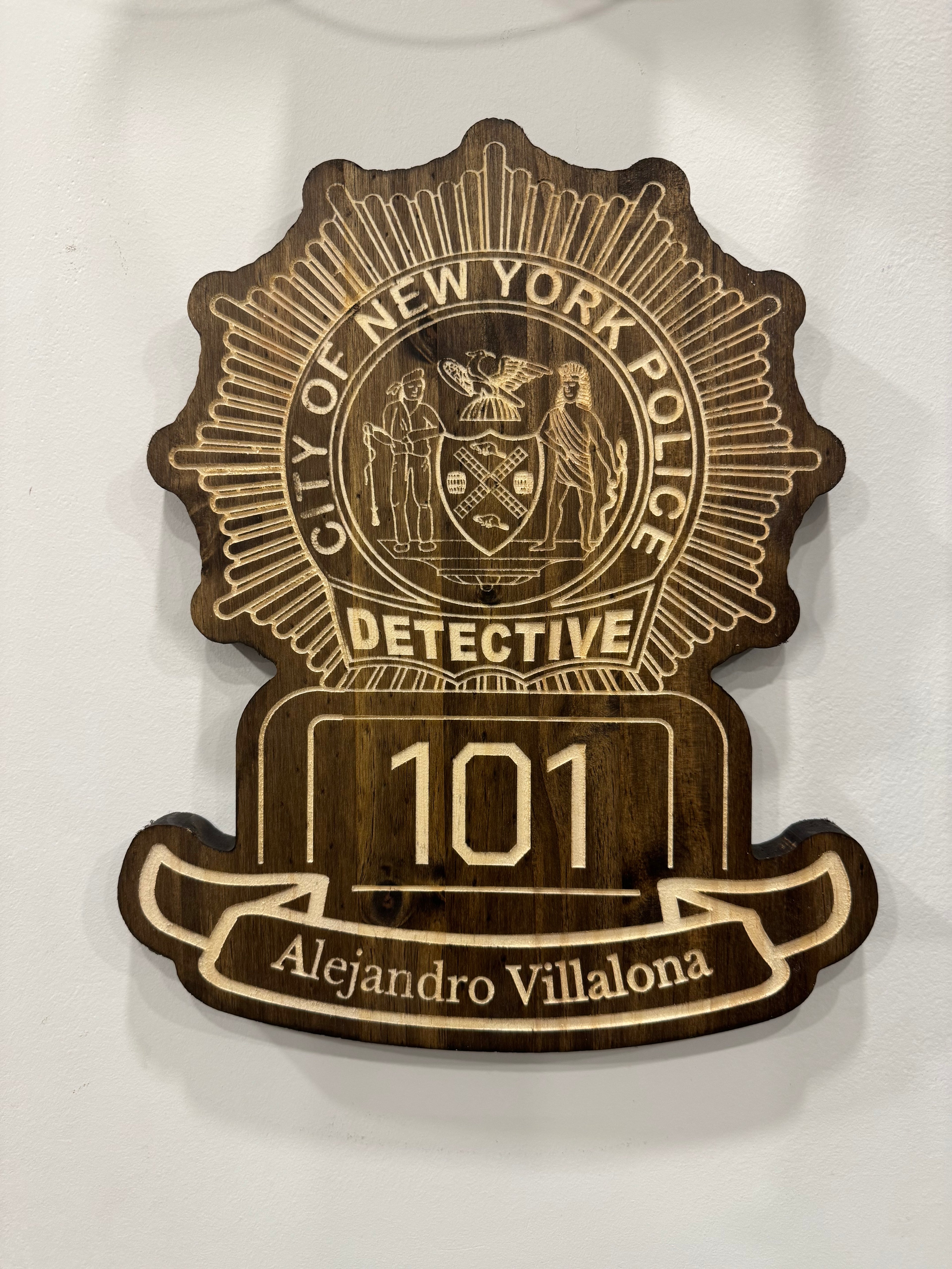 Personalized Wood Engraved Law Enforcement Badge Shield Patch Replica Plaque