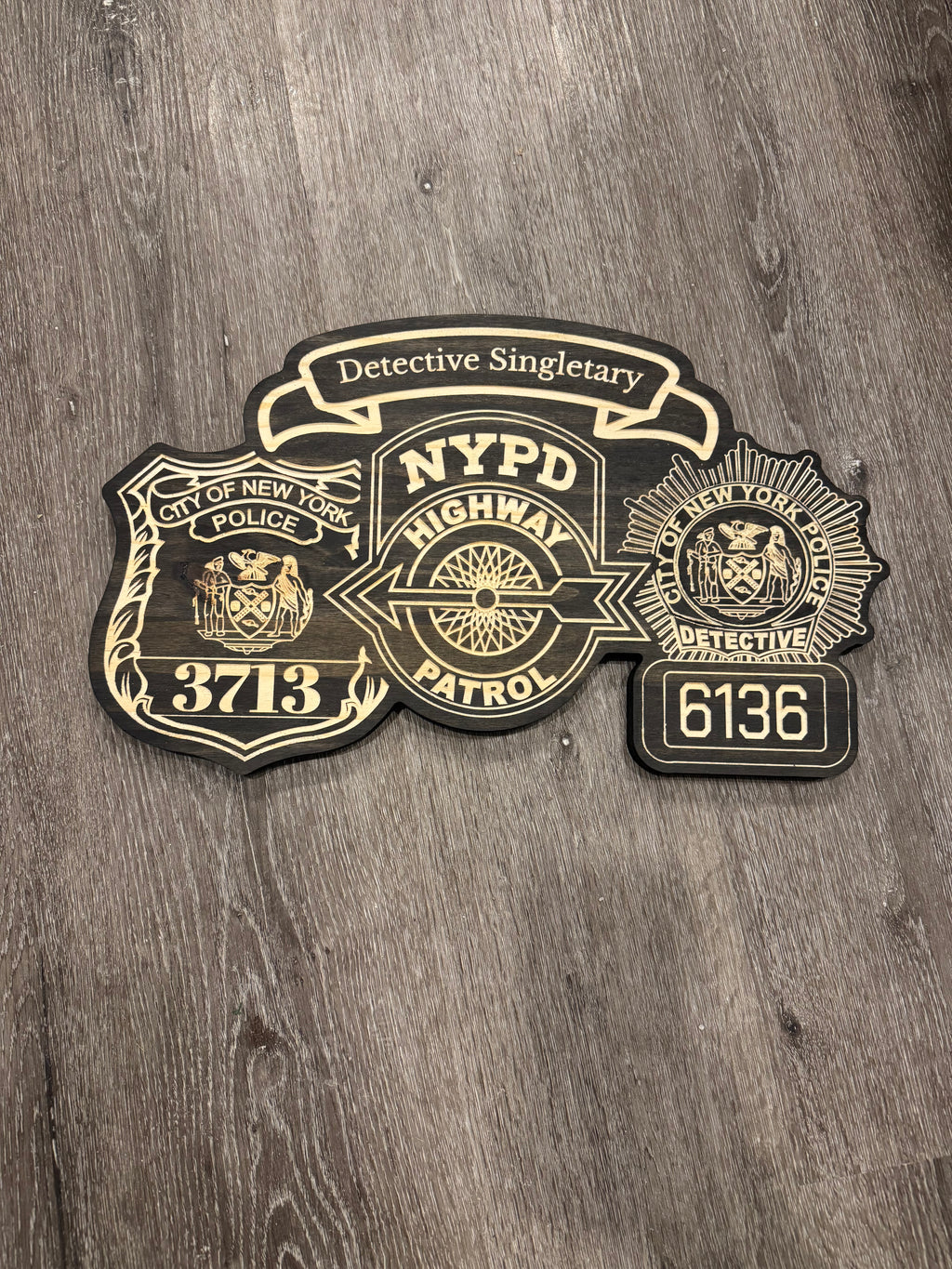 Personalized Wood Engraved Law Enforcement Badge Shield Patch Replica Plaque