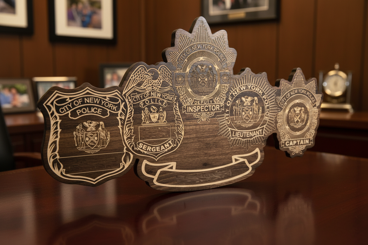 Personalized Wood Engraved NYPD Shield Badge Retirement Plaque